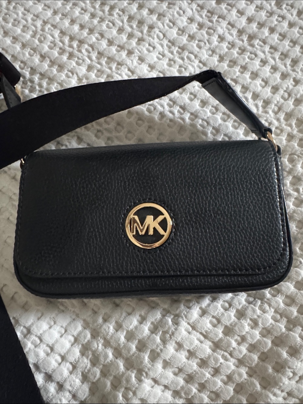 Michael Kors Black Leather Shoulder Crossbody with Gold MK Emblem